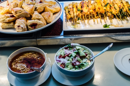 Moo Satay - Thai pork satay served with peanut sauce, cucumber relish and toast の写真素材