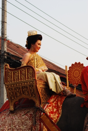 Siamese lady in traditional cloth on an elephant King Narai Reign  Fair, Lopburi, Thailandのeditorial素材