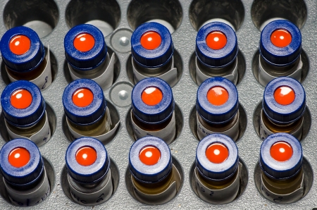 Sample vials in trayの写真素材