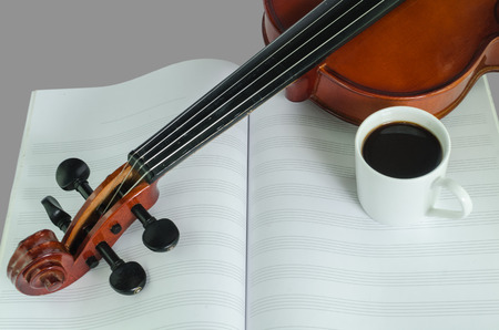 Closeup photo of violin and roses on note sheet with text spaceの写真素材