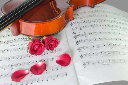 Closeup photo of violin and roses on note sheetの写真素材