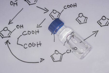 Sample vial on paper with handwritten chemical formulaの写真素材