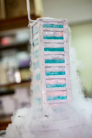Close up of gloved hand retrieving boxes from cryogenic freezer device in laboratoryの写真素材