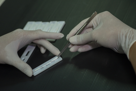 Over the shoulder close up of rubber gloved hands using tweezers to remove specimens from sealed containers in labの写真素材