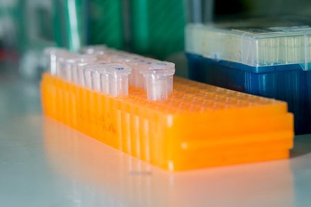 Biological sample in small centrifugal tubes placing in orange plastic rackの写真素材
