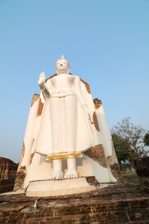 White Buddha statue in ruins temple facing morning sunlight and clear blue skyの写真素材