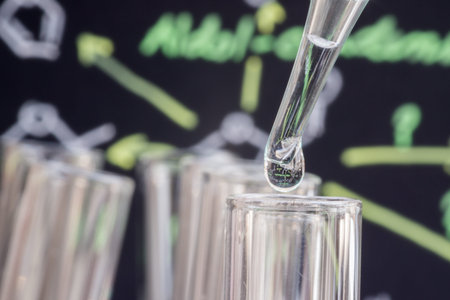 Liquid drop into test tube in front of blur chemical formula