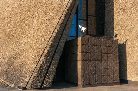 10 April 2020, Poland Krakow, Nowa Huta Church of Our Lady Queen of Poland, popularly '' Lord's Ark ''. Monument to the 1000th anniversary of the baptism of Poland, Built in the years 67-77, by the hands of parishioners.のeditorial素材