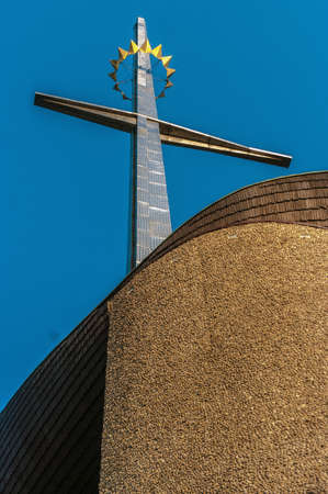 10 April 2020, Poland Krakow, Nowa Huta Church of Our Lady Queen of Poland, popularly '' Lord's Ark ''. Monument to the 1000th anniversary of the baptism of Poland, Built in the years 67-77, by the hands of parishioners.のeditorial素材