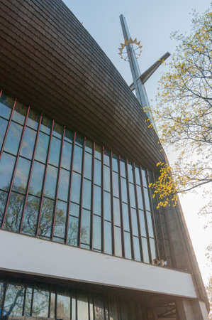 10 April 2020, Poland Krakow, Nowa Huta Church of Our Lady Queen of Poland, popularly '' Lord's Ark ''. Monument to the 1000th anniversary of the baptism of Poland, Built in the years 67-77, by the hands of parishioners.のeditorial素材