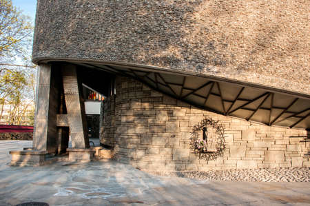 10 April 2020, Poland Krakow, Nowa Huta Church of Our Lady Queen of Poland, popularly '' Lord's Ark ''. Monument to the 1000th anniversary of the baptism of Poland, Built in the years 67-77, by the hands of parishioners.のeditorial素材