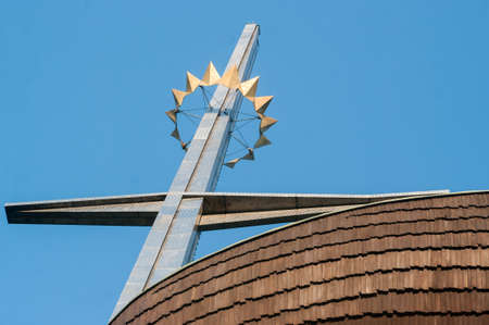 10 April 2020, Poland Krakow, Nowa Huta Church of Our Lady Queen of Poland, popularly '' Lord's Ark ''. Monument to the 1000th anniversary of the baptism of Poland, Built in the years 67-77, by the hands of parishioners.のeditorial素材