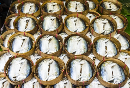 Mackerel fish in bamboo basketの写真素材