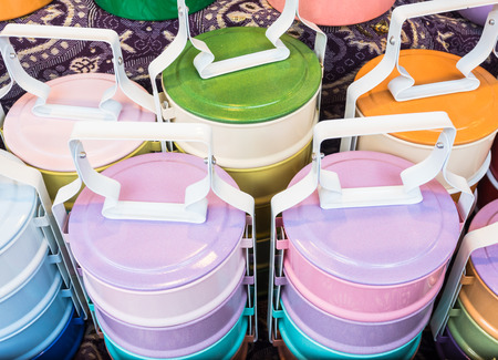 Colorful of tiffin box on shelf for sale.の写真素材