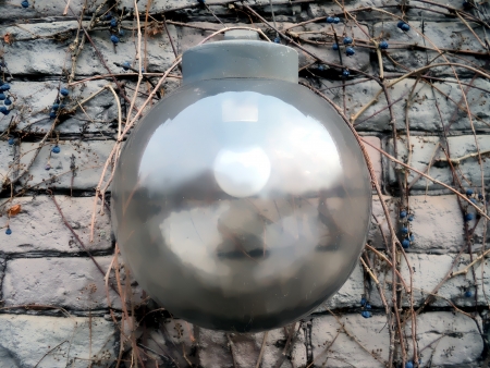 The general form of a spherical lamp against a brick wall with vinesの写真素材