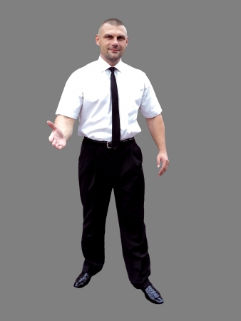  stretching his hand in greeting, on a gray background                    の写真素材