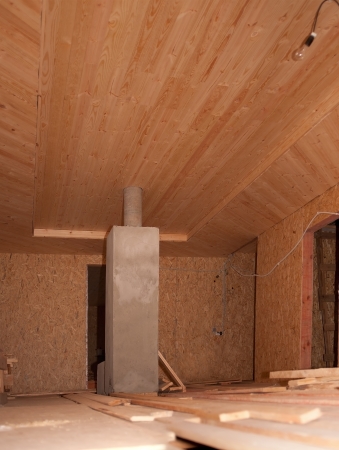 Construction of the wooden ceiling of the room of an apartment houseの写真素材