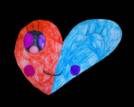 Children's color drawing depicting a smiling heart with eyes, one of which is closed, isolated on a black backgroundの写真素材