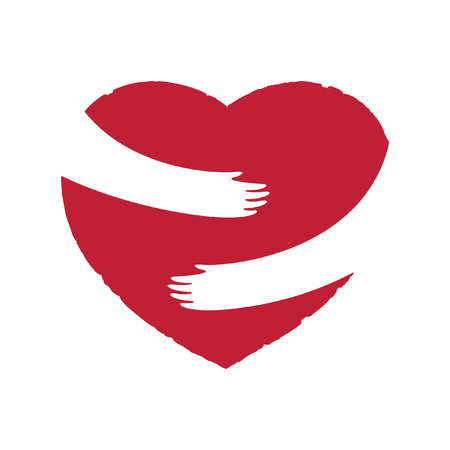 Hands embracing red heart. Negative space sign art designのイラスト素材