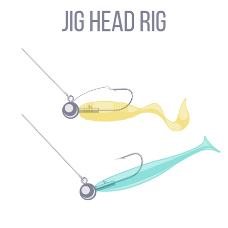 Jig head hook rigging options for catching predatory fish with spinning rod. Weed guard and open hook variations.のイラスト素材