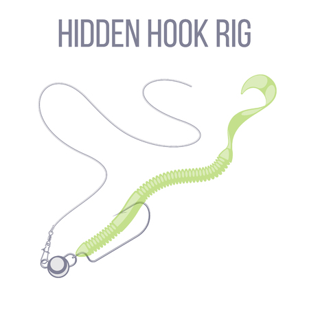 Offset hook rigging option for catching predatory fish with spinning rod in high weed density conditions using soft plastic bait and hidden hook.のイラスト素材
