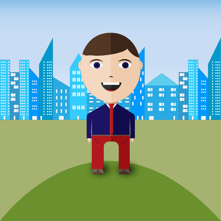 Happy smiling business man with city panorama on backgroundのイラスト素材