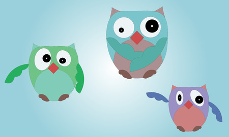 Illustrated set of owls on blue gradient background with various body shapesのイラスト素材