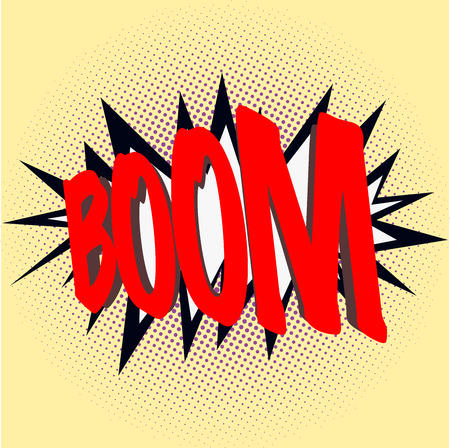 Boom sign. Comics style boom sign. Comic style. Black dots in various sizes on yellow background.のイラスト素材