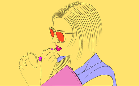 Line art portrait in comics style. Comic style. Cartoon lady. Beautiful woman line painting. Comics style woman with lipstick and glasses. Woman character.のイラスト素材