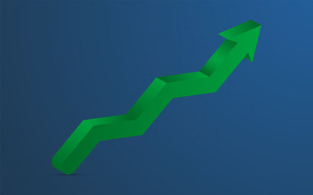 Green 3D arrow pointing up. 3D green arrow representing growth or profit on blue background ( backdrop ) with barely visible grid. Green arrow full of gradients pointing up with shadow, can be used as infographics element.のイラスト素材