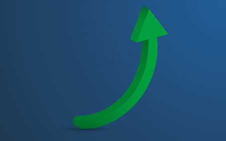 3D rounded green arrow representing growth or profit on blue background ( backdrop ) with barely visible grid. Green rounded arrow pointing up with shadow, can be used as infographics element.のイラスト素材