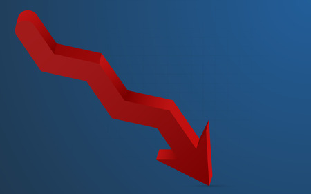 3D red arrow pointing down representing loss. 3D red arrow with shadow pointing down with blue gradient background and barely visible grid. Infographics element in shape of red arrow.のイラスト素材