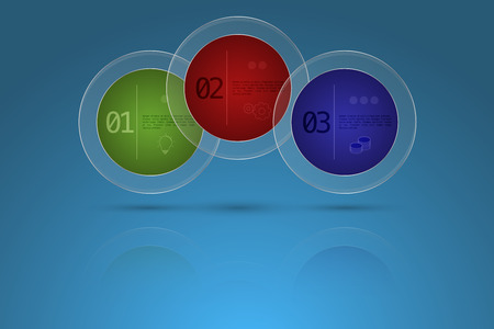 Three steps timeline business infographics in shape of circle with steel frame and transparent glass outer circle. 3 option modern diagram with reflection on blue gradient backdrop with icons in circular glass shape.のイラスト素材