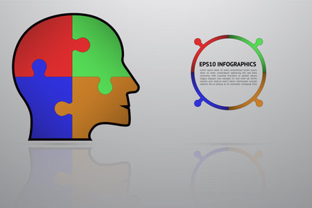 Business puzzle infographics with 4 steps. Four steps timeline infographic with head shape with puzzle or jigsaw on gray gradient backdrop with reflection.のイラスト素材