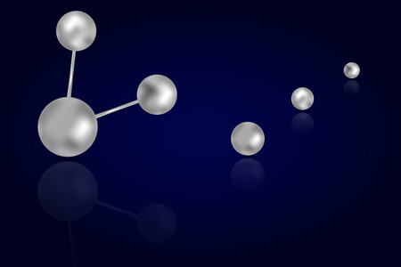 Abstract 3D steel or iron circles connected with metallic lines on dark blue gradient background with reflection in shape of H2O, water atom. Abstract connectivity from 3D steel molecules.のイラスト素材