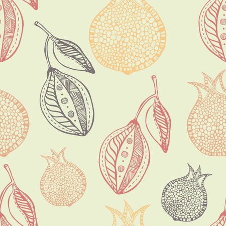 Lemon and pomegranate seamless hand drawn pattern vectorのイラスト素材