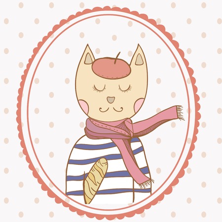 French parisian cat hand drawn illustration polka dot backdropのイラスト素材