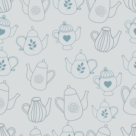 Teapot seamles pattern hand drawn style silhuetteのイラスト素材