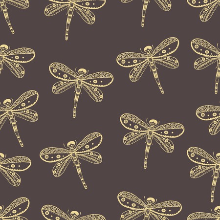 Dragonfly seamless nature pattern. Hand drawn style designのイラスト素材