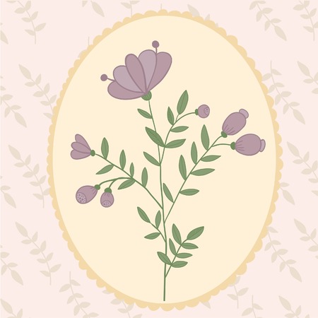 Pastel flowers hand drawn illustration. Lilac abstract flower in art frameのイラスト素材