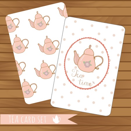 Teapot cards events, tea party, vector on wood background. Use for invitations.Place for text.  Teapot hand drawn patternのイラスト素材