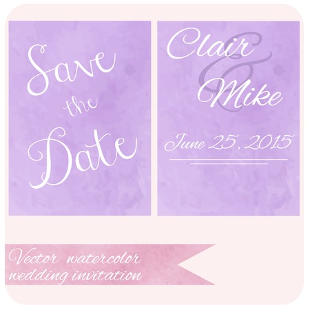 Watercolor pastel lilac and purple  backdrop colour. Wedding invitation card set. Save the dateのイラスト素材