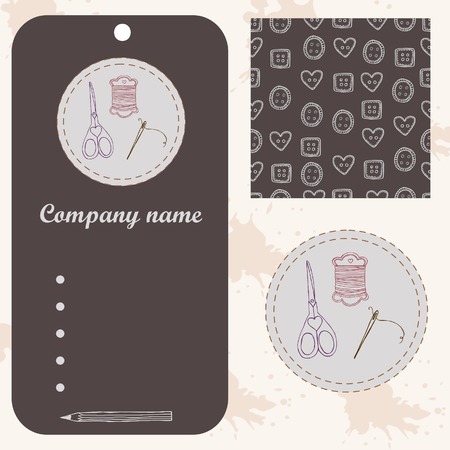 Sewing set logo, tag and logo and seamless pattern. Design art ellementsのイラスト素材