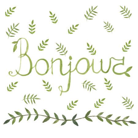 Bonjour french sign with nature art leaf ornamen watercolor design arounfのイラスト素材