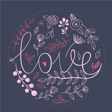 Floral art nature love sign with hand drawn elements design. Flower and leaf, brunch ornamentのイラスト素材