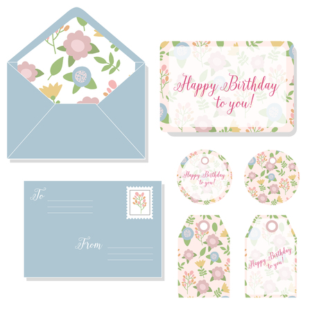 Flowers hand drawn cartoon set. Envelope, cardのイラスト素材