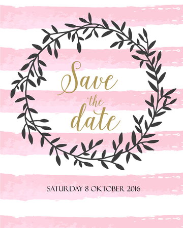Save the date card pink watercolor line and nature wearth. Black, pink and gold colorsのイラスト素材