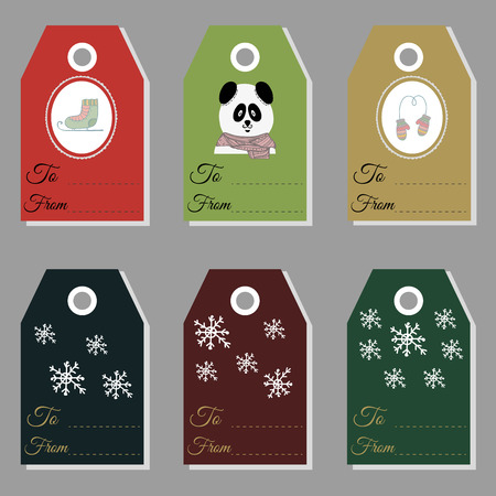 Holiday gift new year and christmas set gift tags. Snowflake, panda, mittens and skatesのイラスト素材