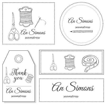 Hand drawn sewing set Identity logo design elements. Retro styleのイラスト素材