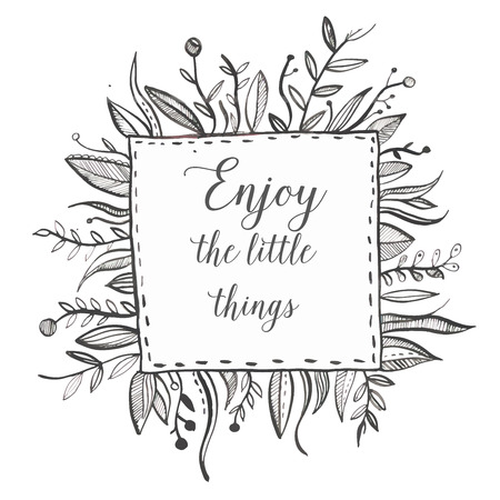 Hand drawn black ink nature frame with leaf, brunch, flowers ethnicのイラスト素材